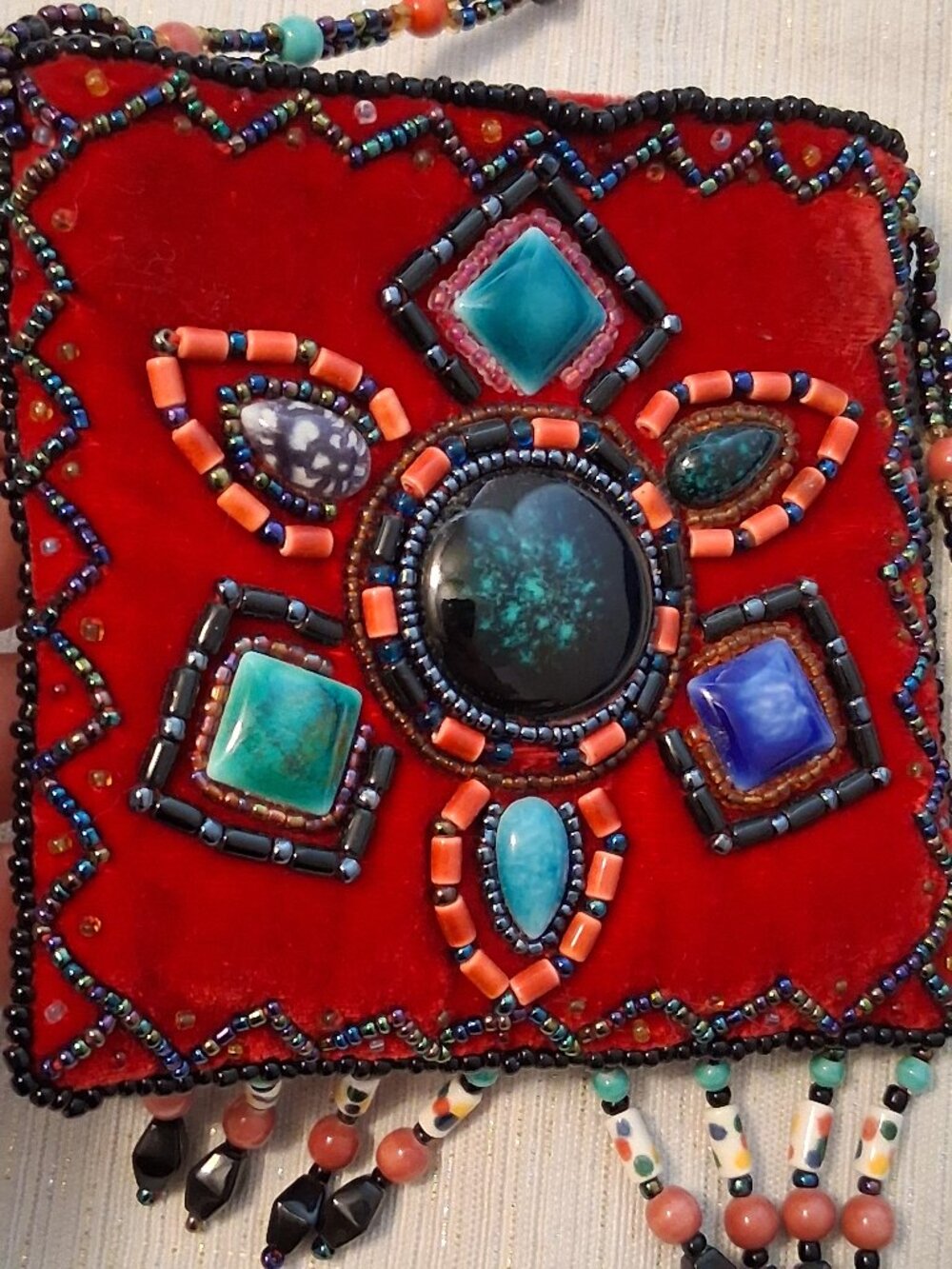 BOHO Vintage Mini beaded crossbody strap 100% Silk Velvet Bag Beads Gemstones